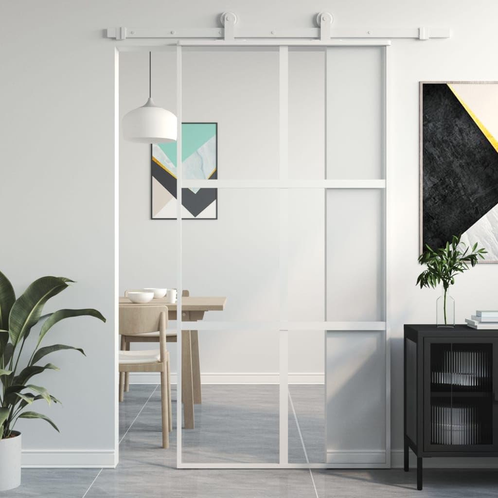 Hovothy Puerta Interior Vidrio Templado y Aluminio Blanco y Transparente 102,5x205 cm Diseño Delgado Puerta Corredera Casa Estructura de Metal Robusto Puerta de Granero Seguro Fácil Limpieza