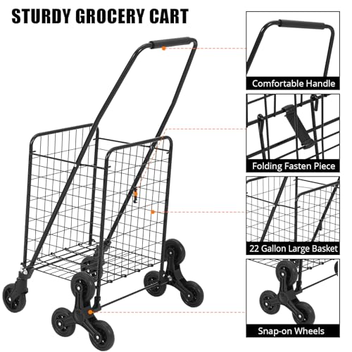 Folding Shopping Cart 110 LBS Capacity Utility Cart with Stair Climbing Wheels, 22 Gallon Large Basket, 360° Swivel Wheels, Collapsible Cart for Laundry, Shopping, Grocery, Luggage, Picnic