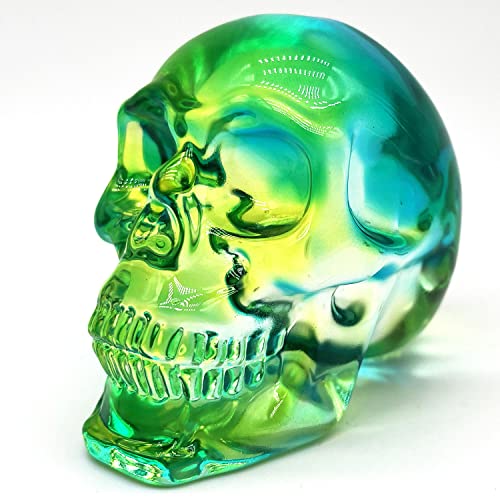 FZBHRO Crystal Skull Head Statues Clear Skull Figurines K9 Glass Skull Gemstone Halloween Decor Gifts for Women Plating Green 2.8