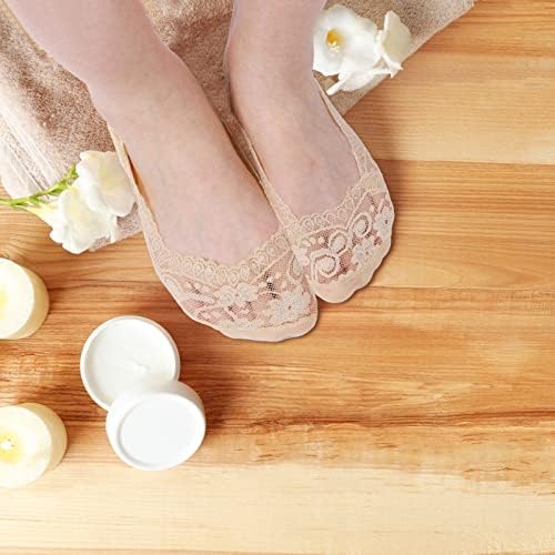 Geyoga 4 Pairs Low Cut Lace Boat Socks Non Slip Ankle Socks for Women Girls Casual Invisible Socks No Show Socks Grip Liner Socks for Sneakers, Black, Beige