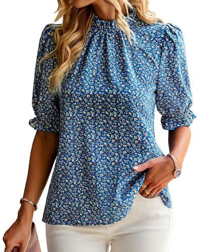 BTFBM Womens Tops 2026 Dressy Casual Blouses Summer Spring Clothes Mock Neck Short Sleeve Shirts Business Work Fall Outfits(Floral Blue, Medium)