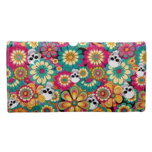 Image of AFPANQZ Wallets for Women Leather Credit Card Holder with RFID Blocking, Hippie Flower Skull Large Capacity Wristlet with RFID Blocking