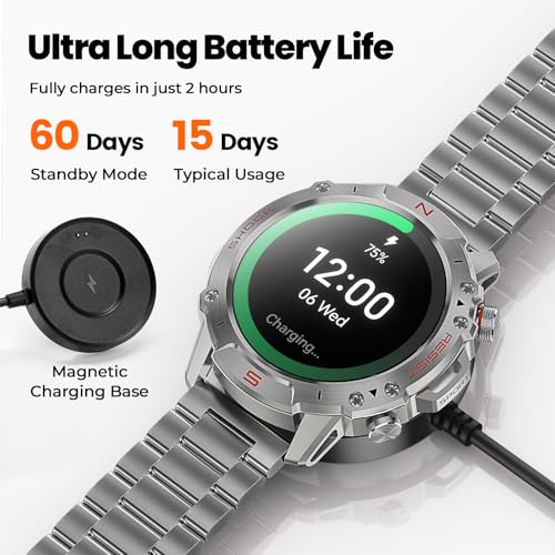 Image of WalkerFit Military Rugged Smart Watch for Men 1.43 inch AMOLED Smartwatch, Always-on, 3ATM Waterproof for Swim,Accurate HR Sleep Monitor,Bluetooth Call Fitness Watch for iPhone Andriod Compatible, Silver