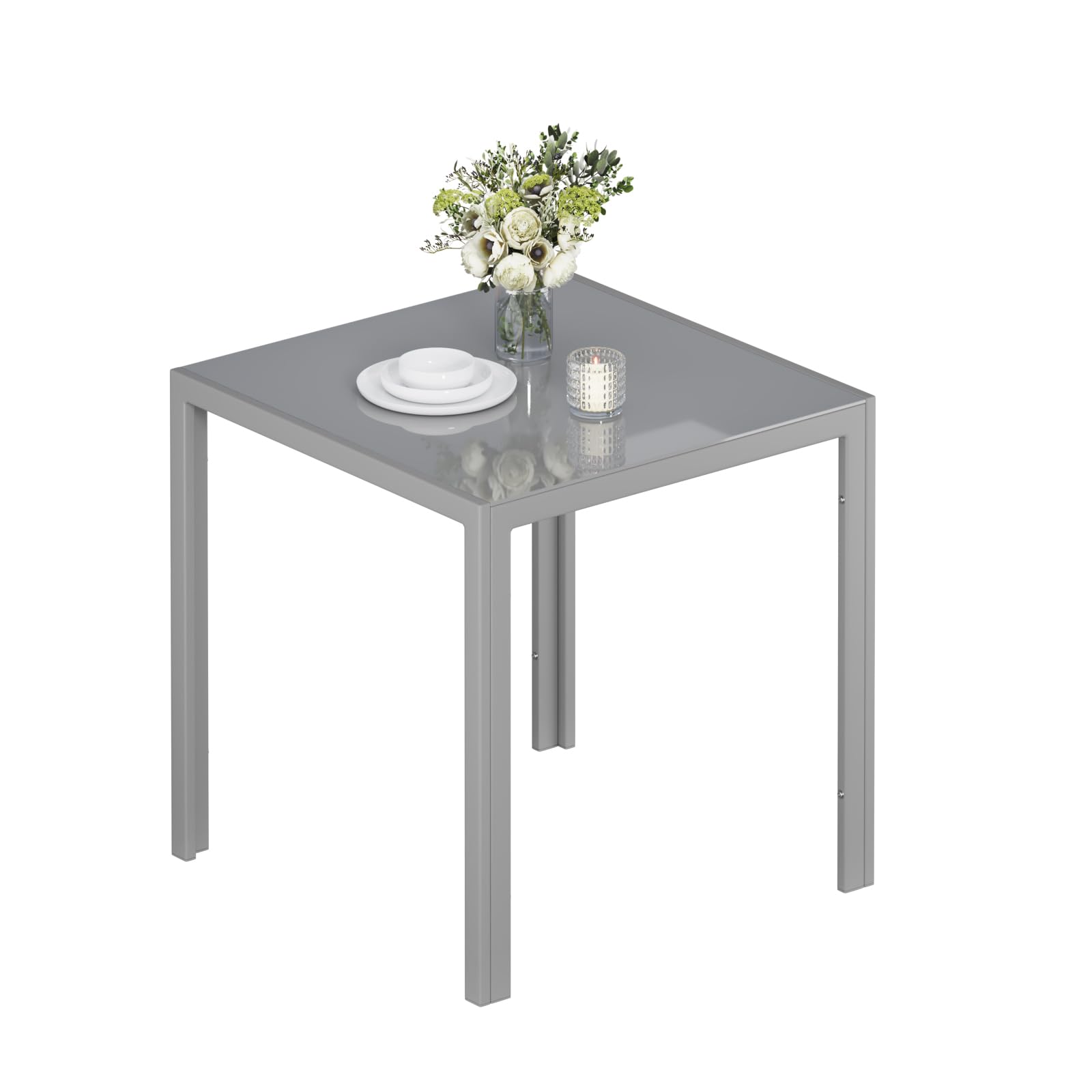 Jooli H Glass Dining Table, 75cm Square Kitchen Table with Tempered Glass Top and Metal Frame for Dining Room Meeting Room, Grey โ image 1