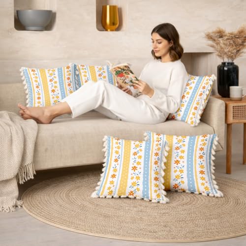 Image of STITCHNEST 'Little Meadow Series' Tassled Cushion Cover | Set of 5 | Floral Cushion Cover 16 inch x 16 inch