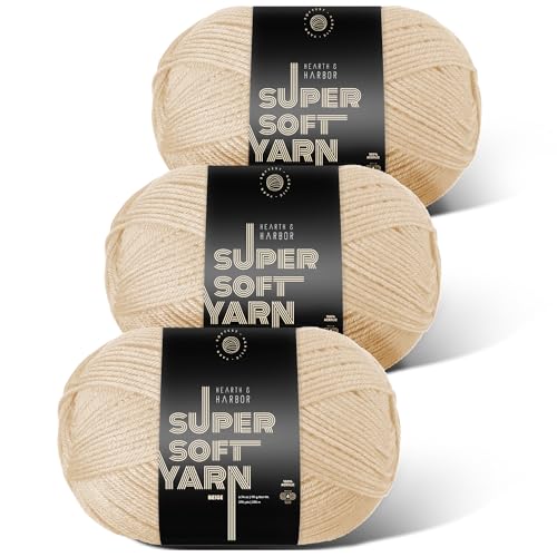 Image of Acrylic Yarn for Crocheting & Knitting - Soft Crochet Yarn for Crocheting, 3 Pack of 370 Yards, Perfect for Crafts & Amigurumi, Medium Worsted Weight 4, Beige