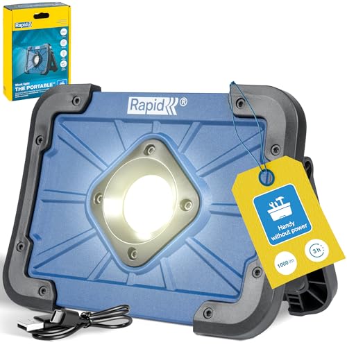 Rapid Luz de trabajo LED The Portable, potente foco recargable de 1000 lúmenes con 3 horas de autonomía, resistencia al polvo y al agua IP65, soporte ajustable y función de batería externa