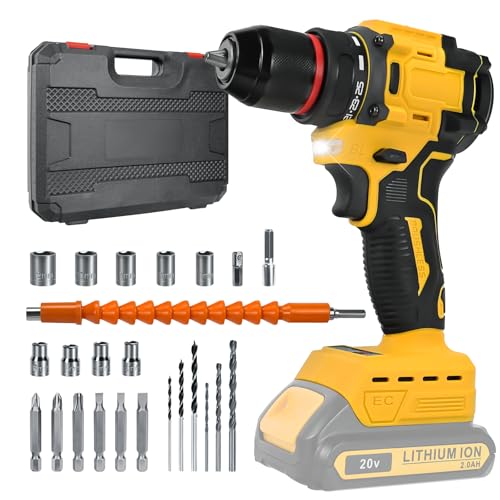 Cordless Drill Driver, Electric Drill for Dewalt 20V Battery, Brushless Drill Driver with 2 Variable Speeds, 25+1 Torque, 3/8