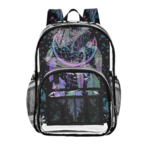 Dreamcatcher Print Clear Backpack Lightweight Large Capacity See Through Bookbag Transparent Daypack Bag, 12L