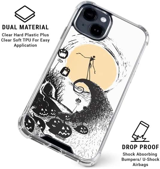 Skinit Clear Phone Case Compatible with iPhone 15 - Officially Licensed Disney The Nightmare Before Christmas Jack on Spiral Hill Art Design