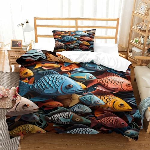 Funda nórdica 3D de peces 135x200cm con 2 fundas de almohada de microfibra para cama infantil single 3
