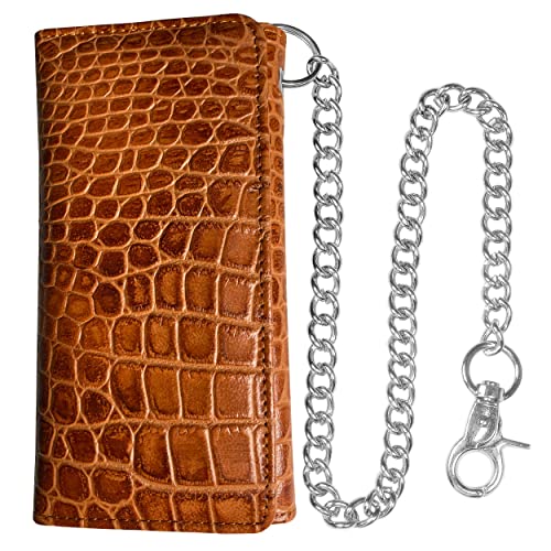 Image of Jackets 4 Bikes Genuine Cowhide Leather Trifold Long Chain Motorcycle Biker Trucker Wallet RFID Crocodile Brown