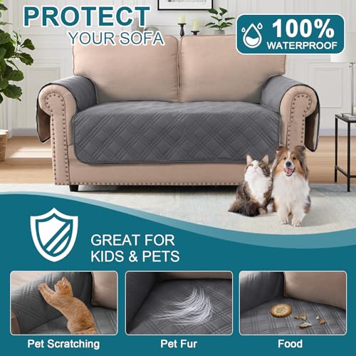 Bellahills 100% Waterproof 2 Seater Sofa Slipcovers - Washable Couch Cover With Side Pocket - Pet Couch Protector (Grey) - 3