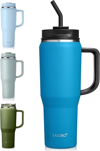 Vaso de 40 onzas con asa, vasos aislados con tapa y pajilla, botella de agua deportiva de metal grande, taza térmica de café de viaje de acero