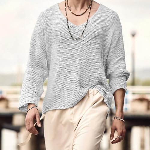 Mens V Neck Pullover Sweater Lightweight Long Sleeve Knit Sweaters Casual Solid Color Fall Jumper Tops2