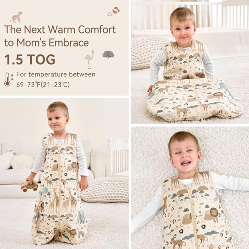 Image of Baby Sleep Sack 6-12 Months 1.5 Tog Baby Wearable Blanket 100% Cotton Fabric Warm Sleeping sack with 2-Way Zipper Quilted for Infant Newborn Tog Apricot Elephant