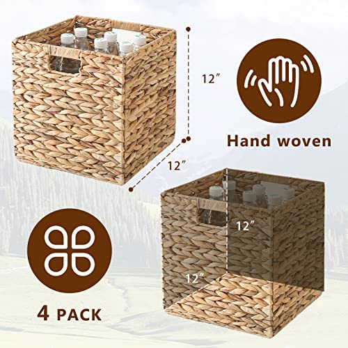 Vk Living Foldable Handwoven Water Hyacinth Storage Baskets Wicker Cube Baskets Rectangular Laundry Organizer Totes For Bedroom, Living Room,Nursery Room, Shelves, Pantry 4 Pack 11.8X11.8X11.8Inch #TOP1