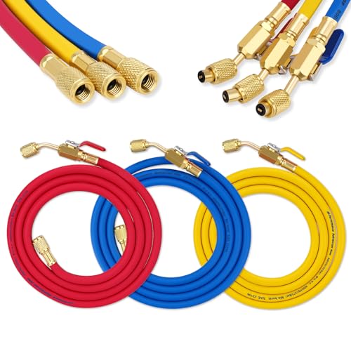 29986 Plus II 1/4 HVAC Refrigerant Hose Set 72 Low Loss Hoses with Compact Ball Valve Standard 1/4 Flare Fittings 800 PSI for R410A R134A R22 & Common Refrigerants Red/Yellow/Blue (3 Pack)