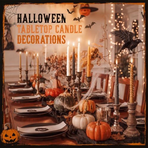 Image of Threlaco 6pcs Halloween Taper Candle Set 9.8 Inch Gothic Decorative Pumpkin Ghost Bat Design Dinner Candles with 3D Embossed for Party Gift Home Decor Long Unscented Dripless Thanksgiving Table Window