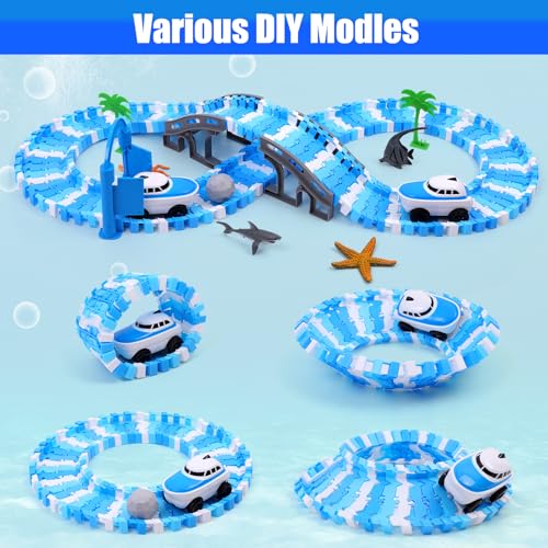 Image of Ocean Theme Flexible Race Car Tracks for Kids, Birthday Gift for Boys Age 3 4 5 6 7 Years Old, 240+ PCS Buildable Car Track Playset with Shark Tunnel and Sea Creature Accessories