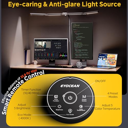 EYOCEAN Schreibtischlampe, 4 Lichtquellen, Teleskopstange mit Einstellbarer Höhe, 24W 100cm Tageslichtlampe Schreibtisch mit Fernbedienung, Dimmbare Monitor Lampe, Schwanenhals Büro Tischlampe