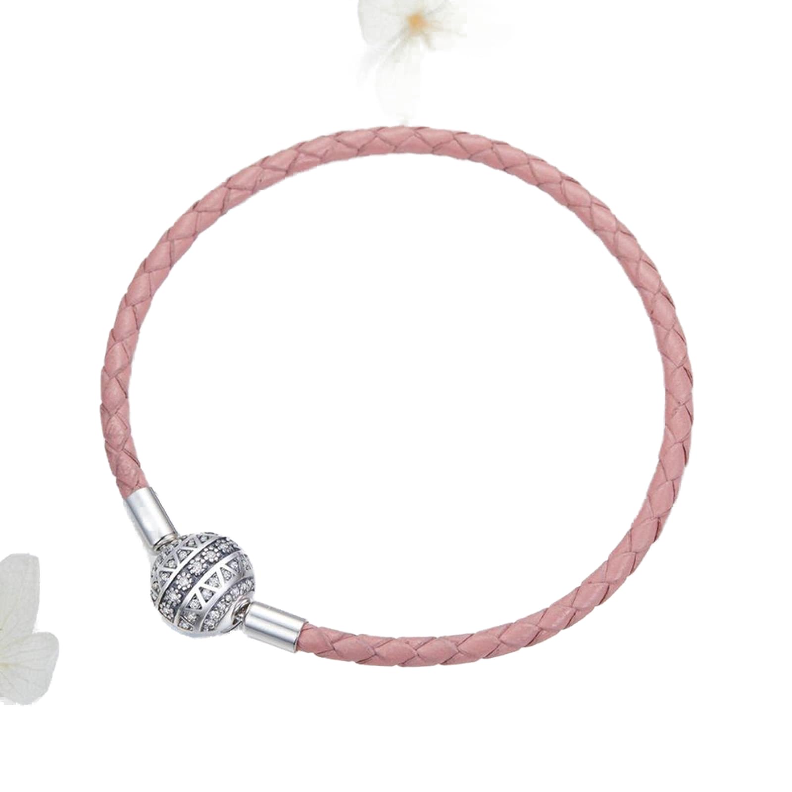 LOKILOKI Pulseras De Cuero De Cuerda Rosa De Plata De Ley 925 para Mujer, Pulseras De Cuerda con Cierre Redondo De Cz Transparente, Joyería De Plata