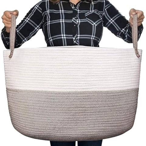 Luxury Little XXXL Nursery Storage Basket, 22 x 22 x 14 inches - 100% Cotton Rope Basket with Handles, Laundry Basket for Toys, Blankets and Pillows - Off White & Beige Cover