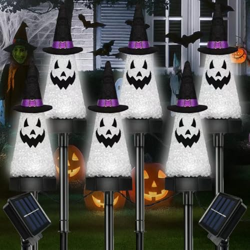 6 Pack Ghost Halloween Solar Decorations Outdoor Pathway Lights, Waterproof Solar Halloween Lights with 2 Modes, Garden Stake Lights for Path Yard Lawn Walkway Party Decor (Cool White)