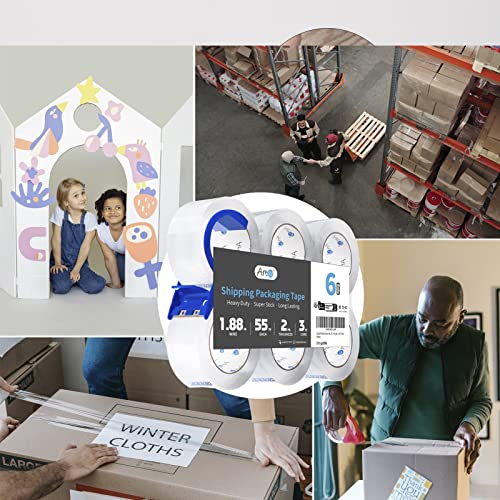 Art3D Clear Packing Tape 6 Rolls With Dispenser, Adhesive Packing Tape Refills, Carton Sealing Tape, Packaging Tape For Heavy Duty, Shipping, Sealing, Moving, Office, 1.88" X 55 Yds, 2 Mil Thick #TOP5