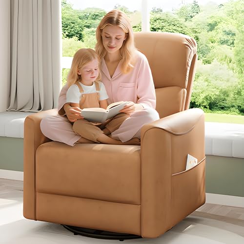 Welzona Power Swivel Rocker Recliner, 360° Swivel Nursery Rocking Chair, PU Leather Glider Rocking Recliner, Infinite Position Electric Chair for Adults with USB Port for Living Room, Amber Yellow