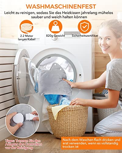 Heizkissen mit Abschaltautomatik 60x100cm, Elektrisch Wärmekissen mit 6 Temperaturstufen, Wärmedecke Heizdecke Kabellos mit Überhitzungsschutz für Rücken Nacken Schulter, Waschbar Grau - Image 6