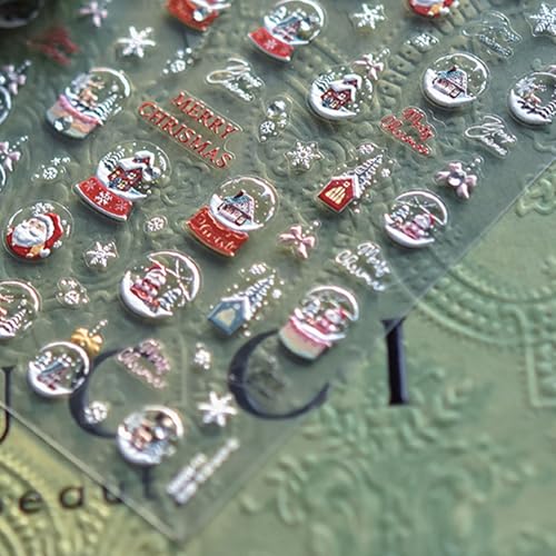 JMEOWIO 3D Embossed Christmas Snow Globe Nail Art Stickers Decals Self-Adhesive 5D Nail Supplies Nail Art Design Decoration Accessories 1 Sheets - Image 3
