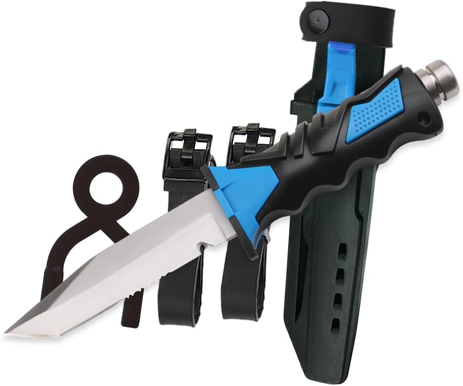 Scuba Diving Knife with Sheath and Leg Strap, Stainless Steel Dive Knife for Saltwater Spearfishing, Sharp Diver Knife with Secure Lock for Snorkeling Safety Use