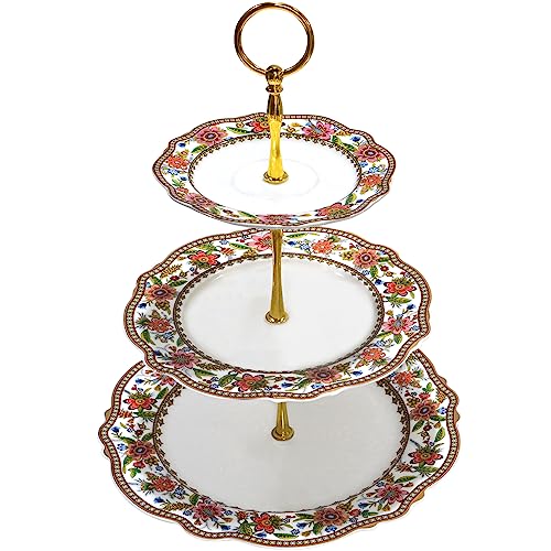 ACMLIFE 3 Tier Cupcake Stands for Dessert Table, Vintage Floral Round Cupcake Stand, Bone China Cake and Cupcake Stand for Party, Birthday, Weddings, Pink