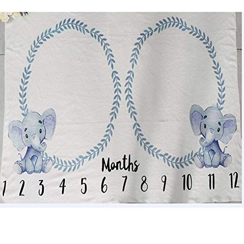 Image of Baby Monthly Blanket Twins Neutral Blue Elephant Newborn Nursery Decor Photo Props Shoots Photography Growing Toddlers Soft Fleece Swaddle Blanket with Wreath Frames (Twin Blue)