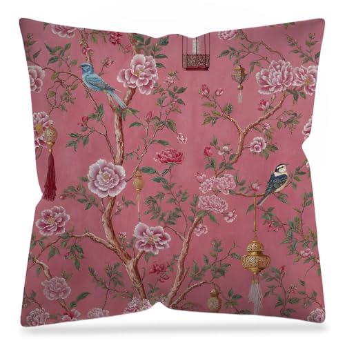 DAYOUER Pink Chinoiserie Bird Floral Pillow Cover...