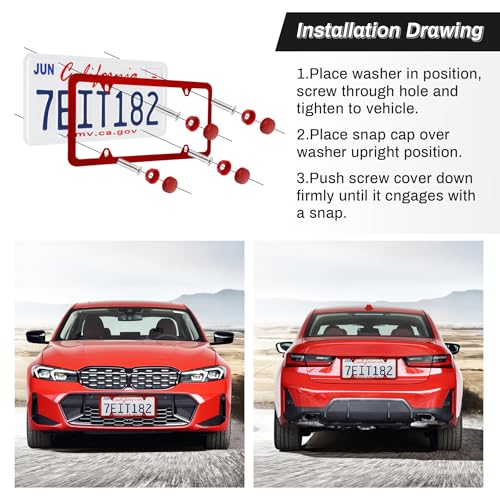 Alpmosn 2PCS Stainless Steel License Plate Frames, 4 Holes Car Licence Plate Covers with Screws Washers and Caps, Car Exterior Accessories, License Plate Holder for US Vehicles (Red) - Image 3