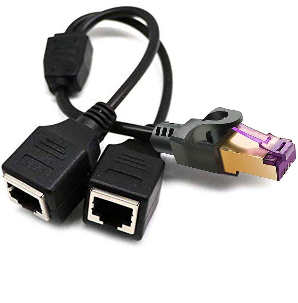 RJ45 Network Splitter Adapter Cable, RJ45 1 Male to 2 Female Socket Port LAN Ethernet Network Splitter Adapter Cable Suitable for Super Category 5 Ethernet, Category 6 Ethernet and More (Black)