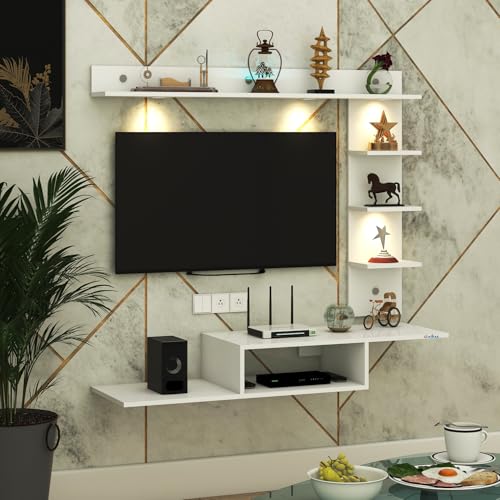 Image of Anikaa Wintor Engineered Wood Wall Mounted TV Unit with 4 LED Lights, 3 Open Shelves, 1 Storage Box & Decorative Display Shelf for Living Room | Ideal for Upto 43 Inch TV-White(DIY Assembly)