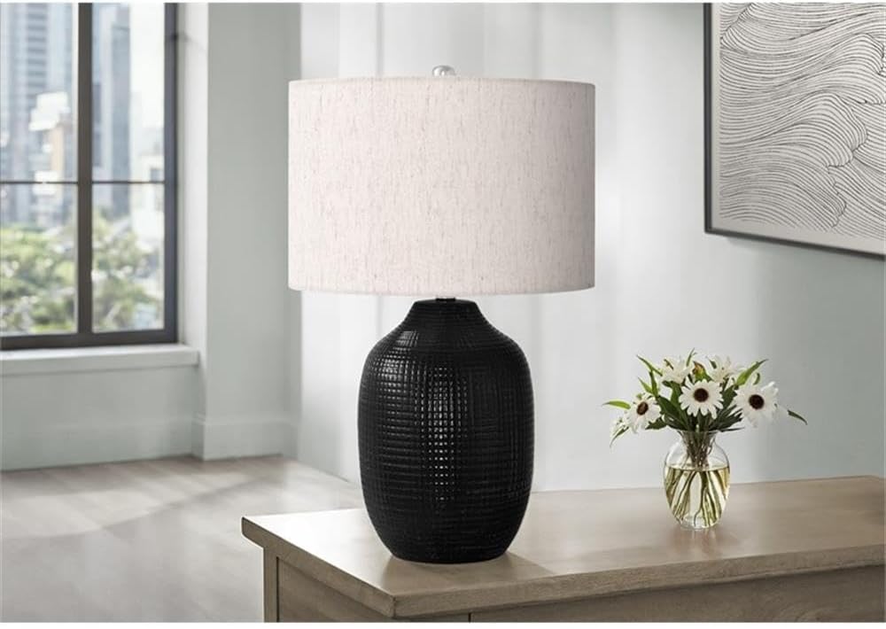 Pemberly Row 26" Black Ceramic Ginger Jar Table Lamp, Ivory Linen Drum Shade, Textured Glazed Finish, 3-Way Switch, 5ft Transparent Cord, Perfect for Living Room, Bedroom, or Home Office Lighting
