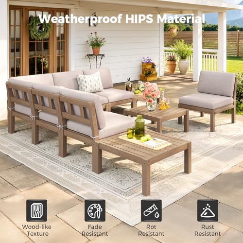 Image of Modular Outdoor Patio Furniture Coffee Table, HIPS All-Weather Outdoor Sectional Sofa Table, Side Interlock for Expansion, Patio Side Table for Backyard, Balcony, Deck (Teak)