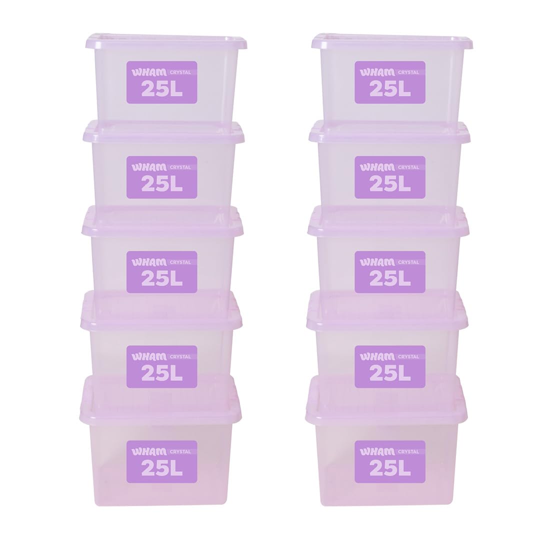Wham Plastic Storage Boxes With Lids Home Office Stackable Nestable Container Box, 25L Easy fit Underbed Protective Storage Box, 42.5 x 33 x 25.5 cm - Tint Lilac (Set of 10)