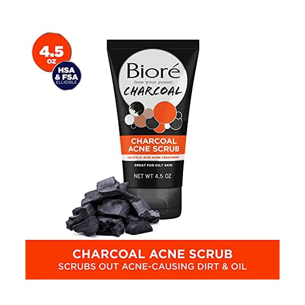 BiorÃ© Charcoal Acne Face Scrub, with 1% Salicylic Acid and Natural Charcoal, Helps Prevent Breakouts and Absorb Oil for Deep Pore Cleansing, 4.5 Ounce (HSA/FSA Approved)