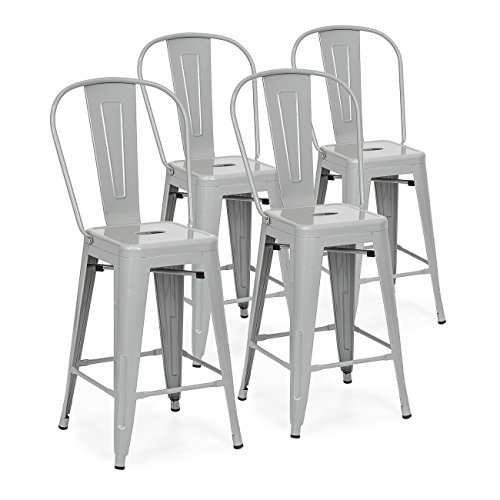 Best Choice Products 24in Set of 4 High Backrest Industrial Metal Counter Height Stools, Silver
