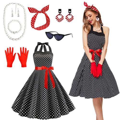 JONRRYIN Robe Année 50 Femme, Tenue Guinguette, Accessoires Rockabilly Avec Gant, Boucle Oreille, Bandeau Chat, Lunettes, Colliers, Costume Pour Carnaval
