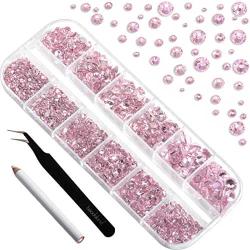 Image of Beadsland Rhinestones for Makeup,8 Sizes 2500pcs Pink Flatback Rhinestones Face Gems for Nails Crafts with Tweezers and Wax Pencil,Light Pink,SS4-SS30
