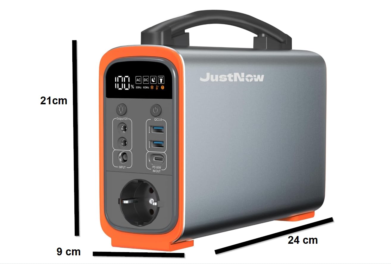 JustNow Stazione di Ricarica Portatile 240W/240Wh, Batteria LiFePo4 Mobile con Uscita AC/DC/USB/PD 60W, Generatore Solare per Campeggio, Outdoor, Camper (GT240)