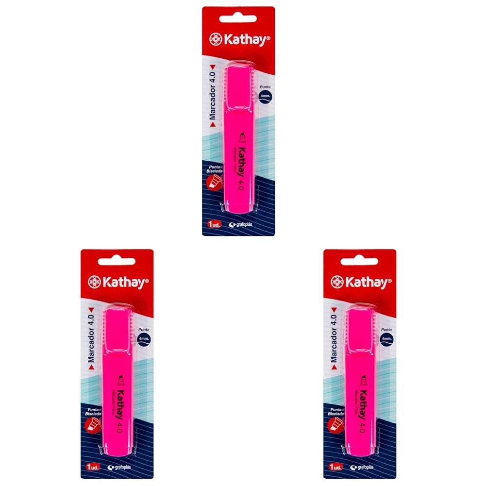 Kathay 86211853. Marcador Fluorescente, Color Rosa, Punta Biselada 4mm (Paquete de 3)