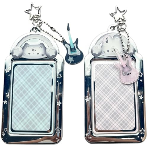 2 Pieces Music Cat Photocard Holder Keychain with Guitar Pendant - Clear Protective Sleeve for ID, Badge, Bus Card, and More