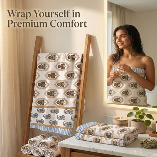 Image of Mafatlal Madhuban Waffle Cotton Set (1 Bath 147x76 cm + 2 Hand 76x38 cm) | 250 GSM | Soft, Absorbent & Hand Printed | Caribou Color